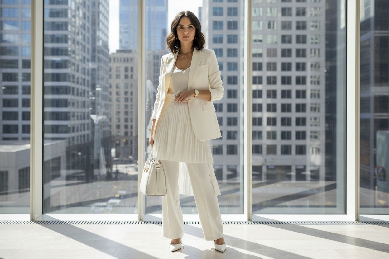 A woman in stylish white Business casual wear  